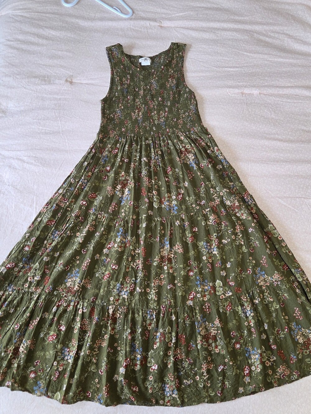 Natural Life Olive Green Floral Smocked Tiered Maxi Dress Sz L Boho Cottagecore